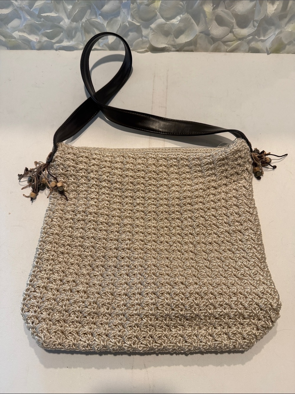 The Sak Beige Woven Shoulder Bag with Black Strap